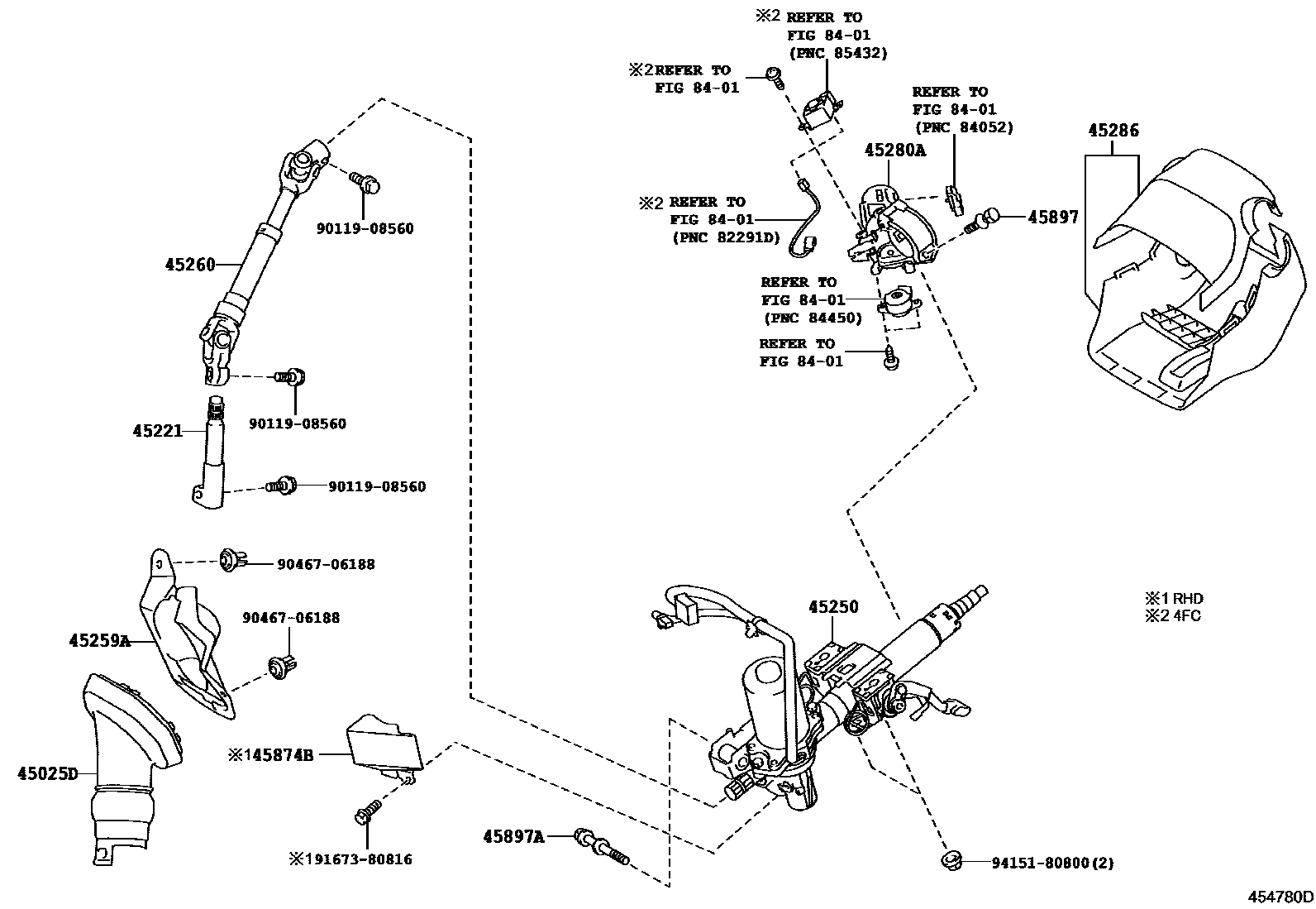 Toyota COROLLA Steering Column & Shaft EPC diagram — 454780D