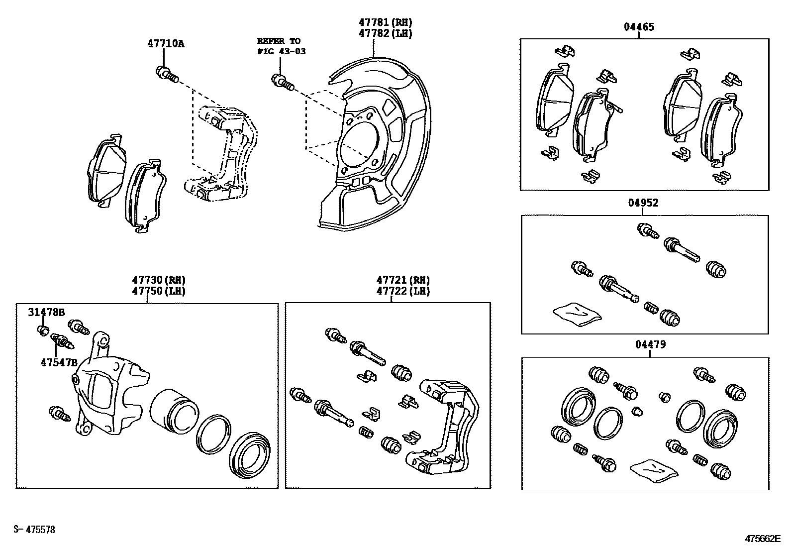 Toyota COROLLA 前盘式制动器卡钳和防尘罩 EPC diagram — 475662E