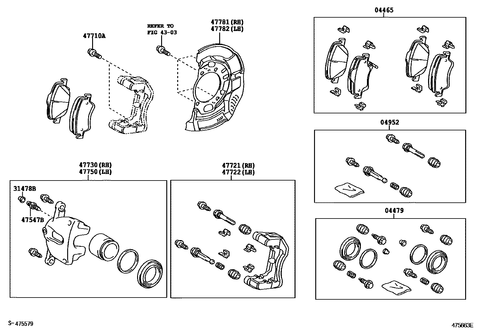 Toyota COROLLA 前盘式制动器卡钳和防尘罩 EPC diagram — 475663E