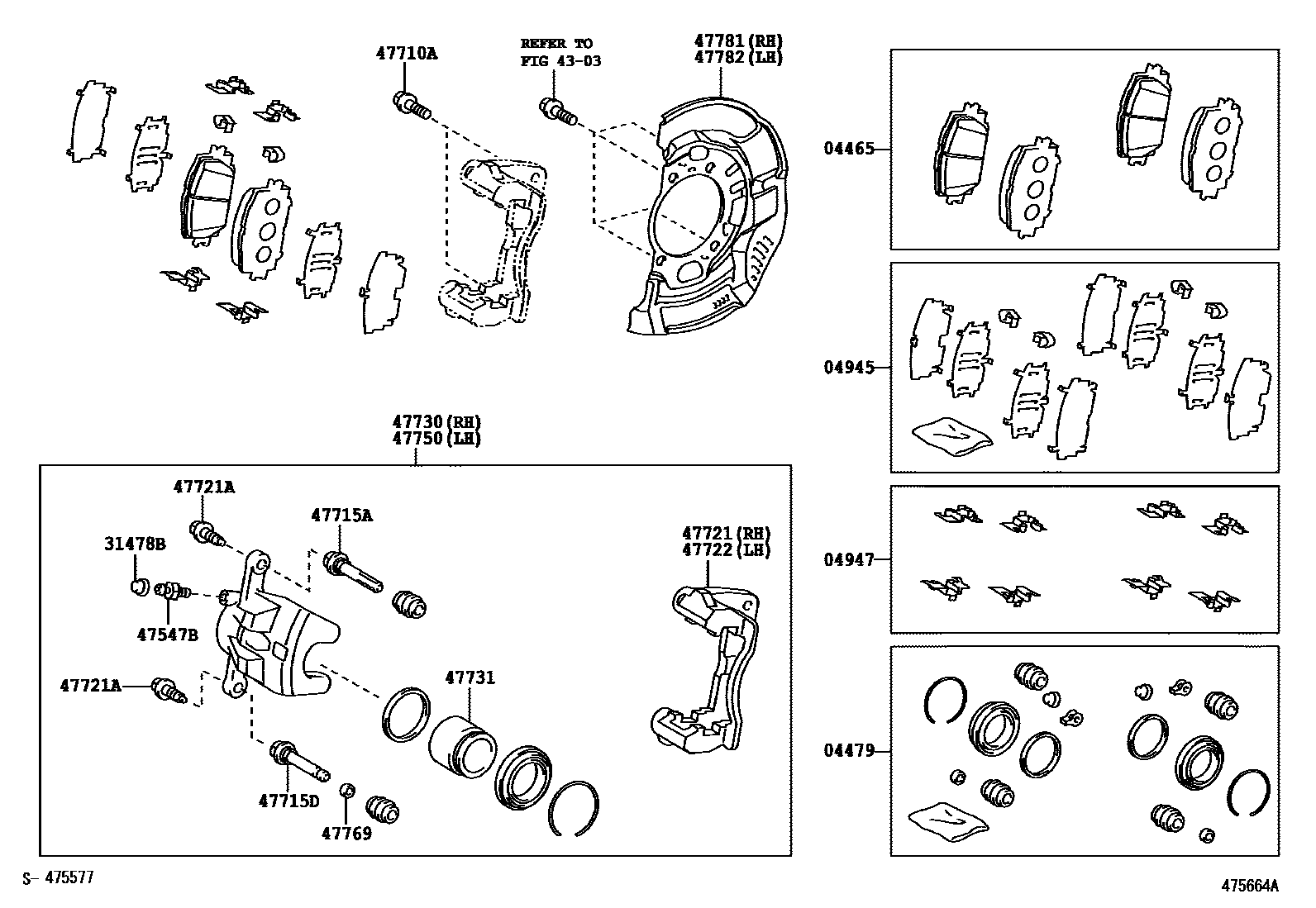 Toyota COROLLA 前盘式制动器卡钳和防尘罩 EPC diagram — 475664A