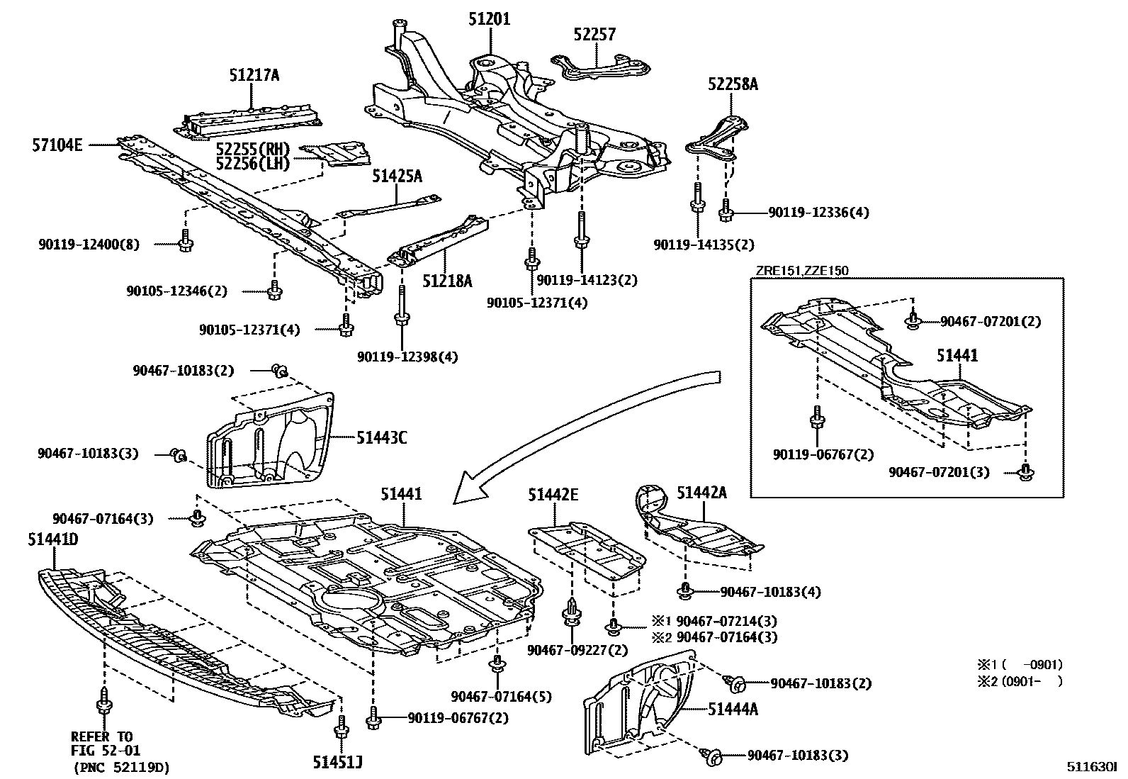 Toyota COROLLA 悬架横梁和发动机底罩 EPC diagram — 511630I