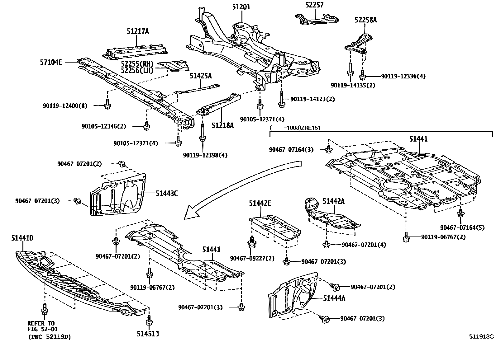 Toyota COROLLA 悬架横梁和发动机底罩 EPC diagram — 511913C