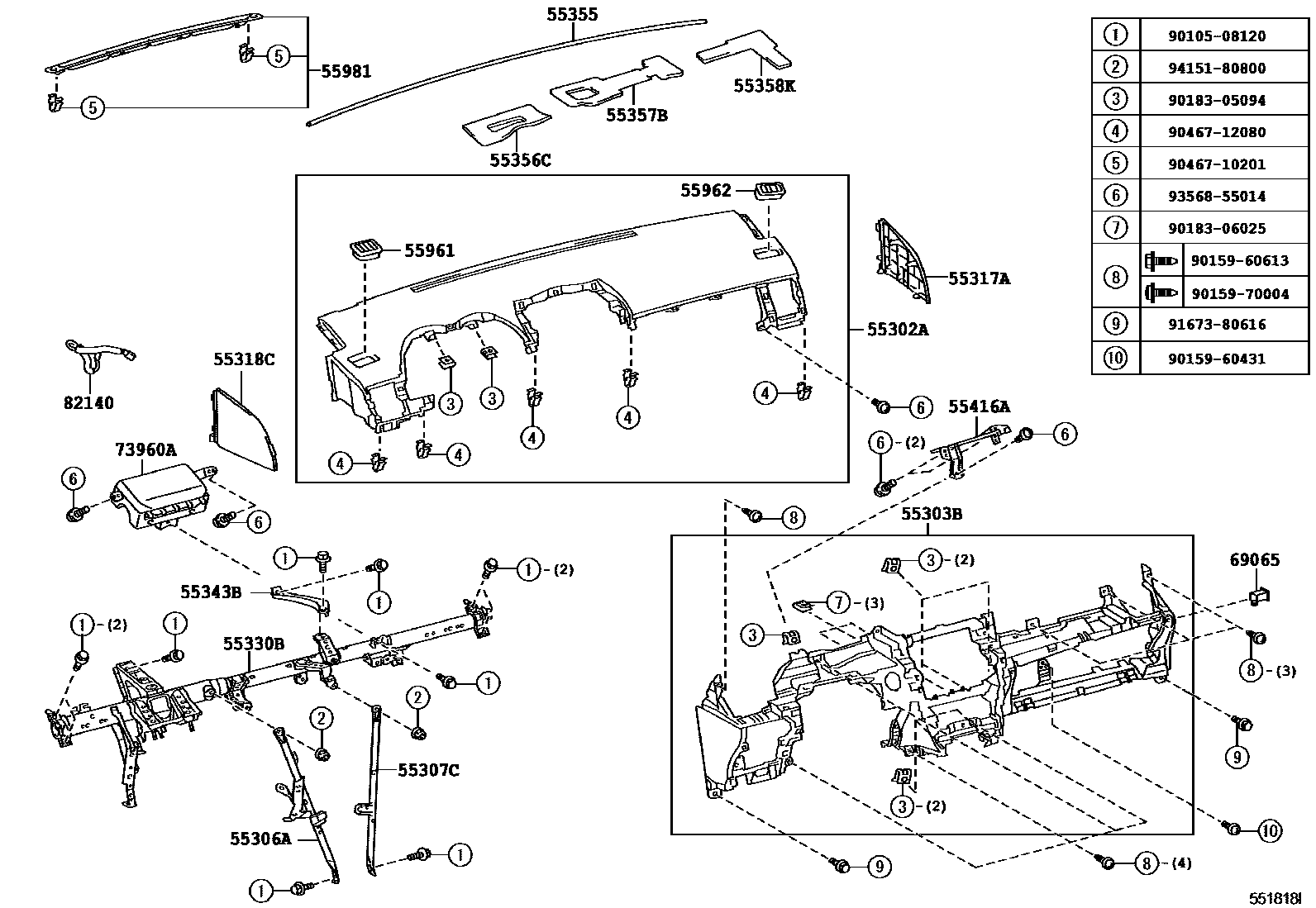 Toyota COROLLA 仪表板和手套箱 EPC diagram — 551818I