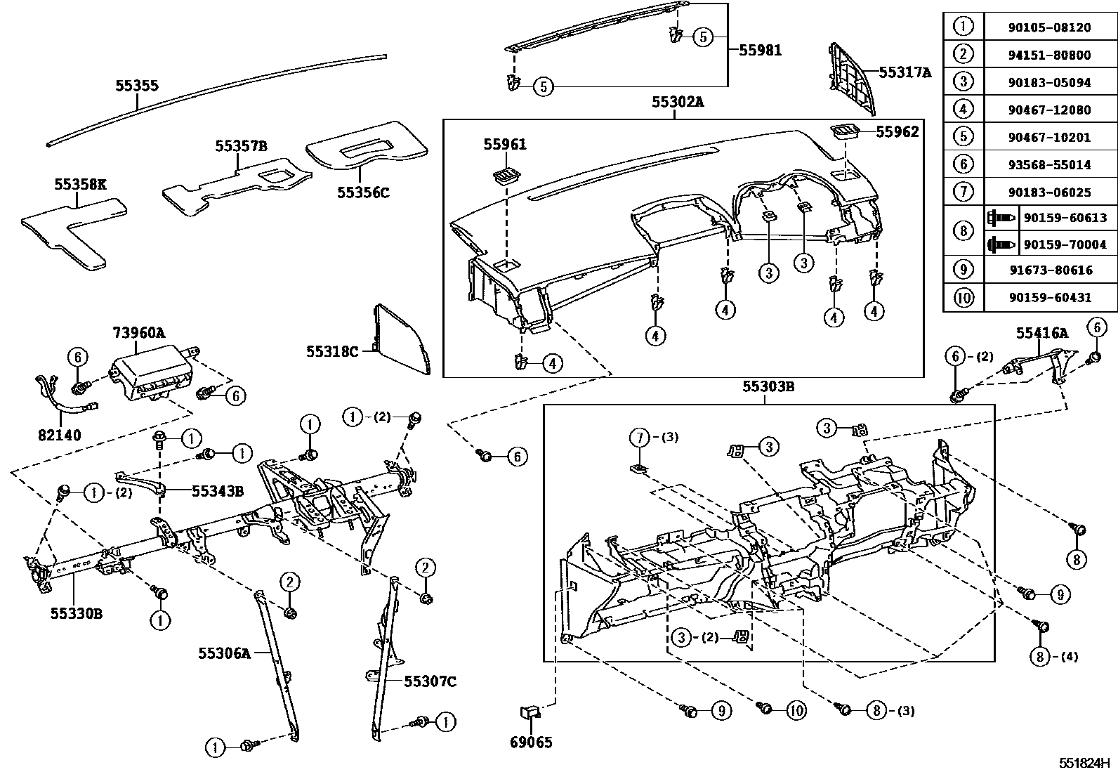 Toyota COROLLA 仪表板和手套箱 EPC diagram — 551824H