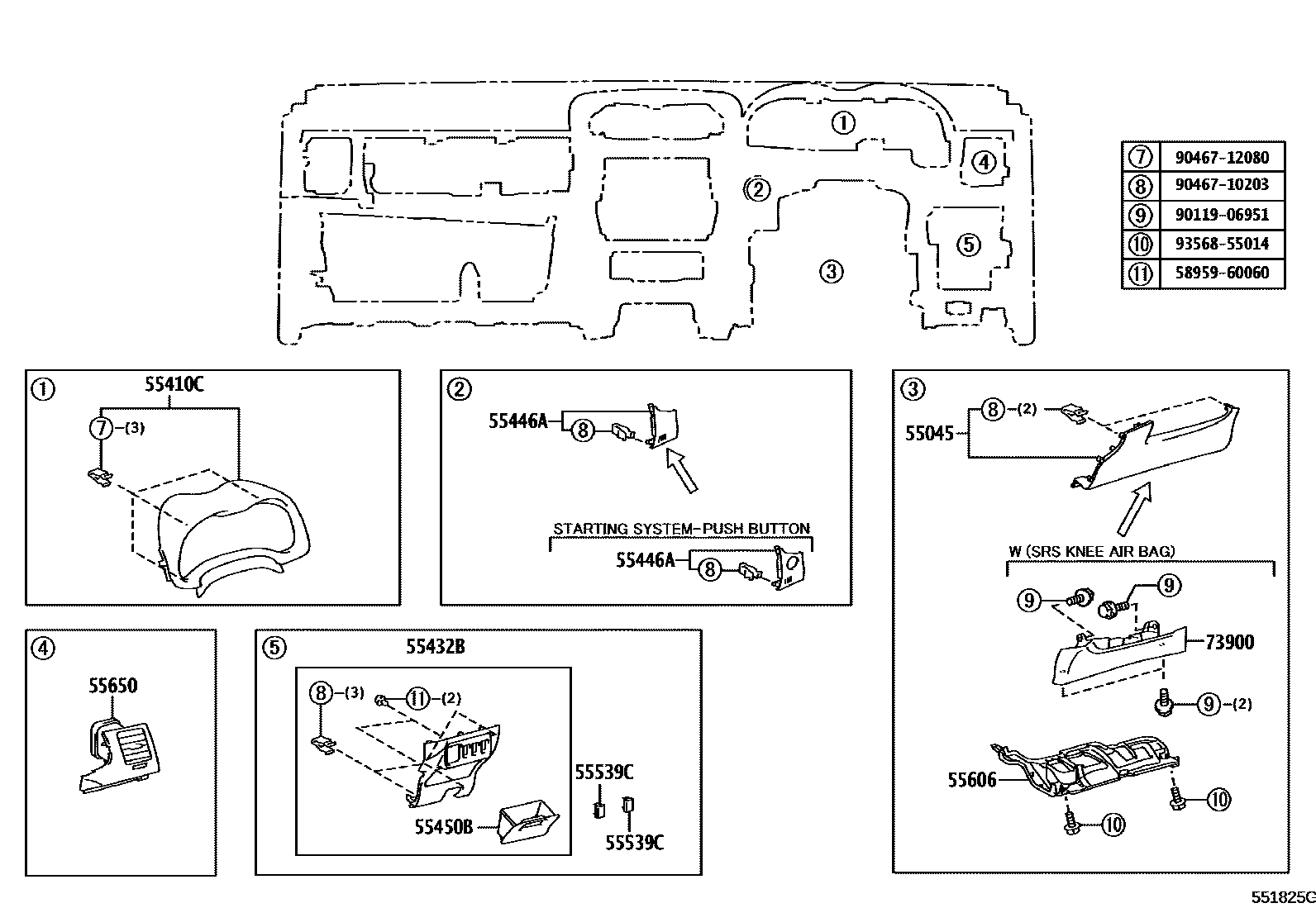 Toyota COROLLA 仪表板和手套箱 EPC diagram — 551825G