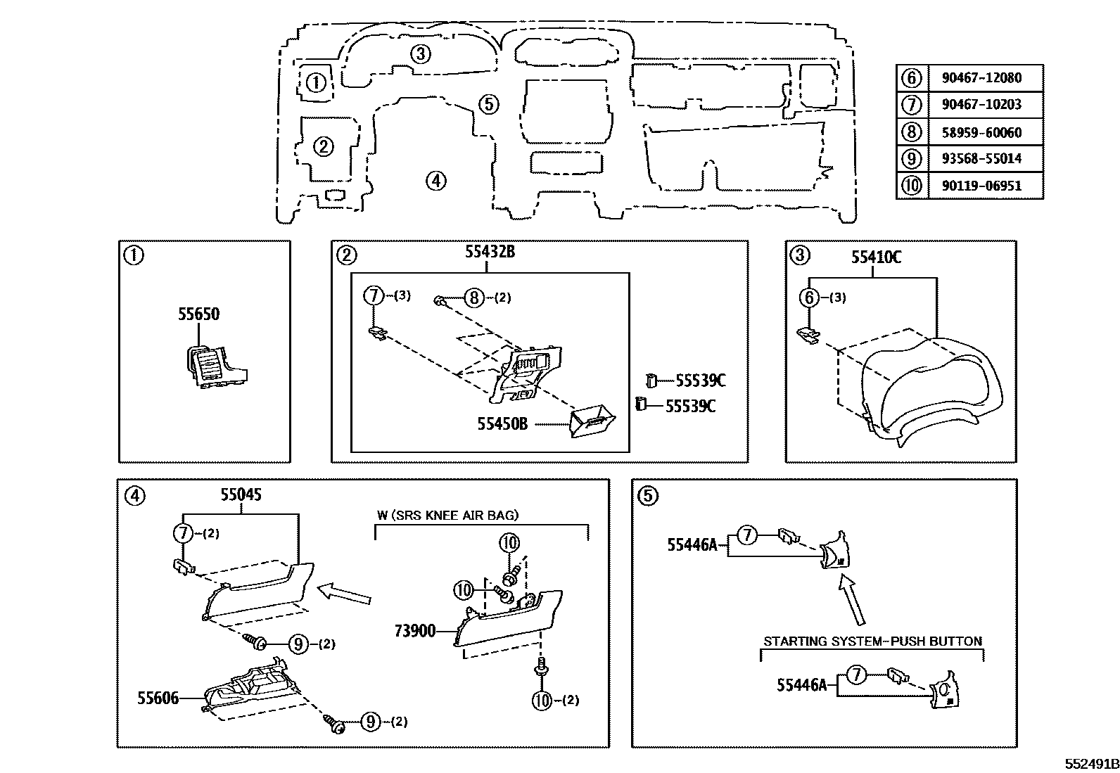 Toyota COROLLA 仪表板和手套箱 EPC diagram — 552491B