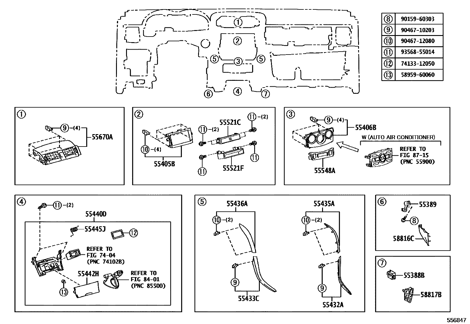Toyota COROLLA 仪表板和手套箱 EPC diagram — 556847