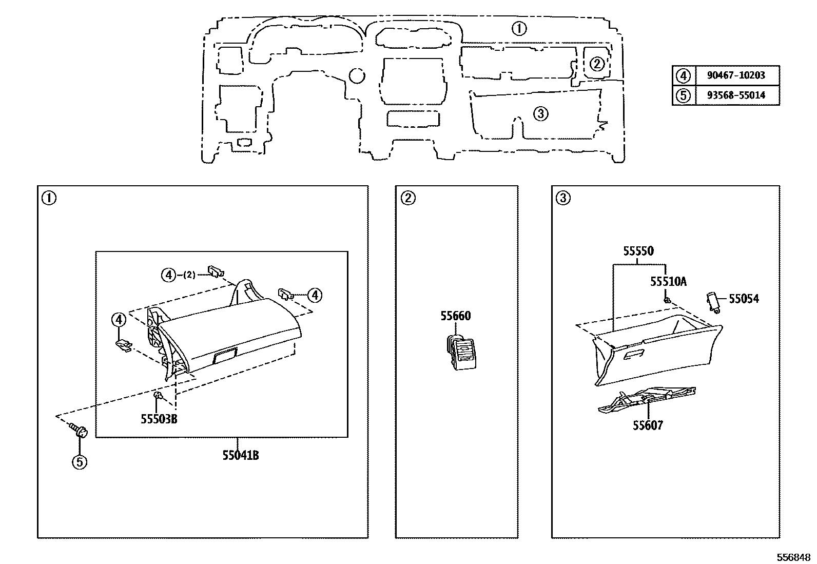 Toyota COROLLA 仪表板和手套箱 EPC diagram — 556848