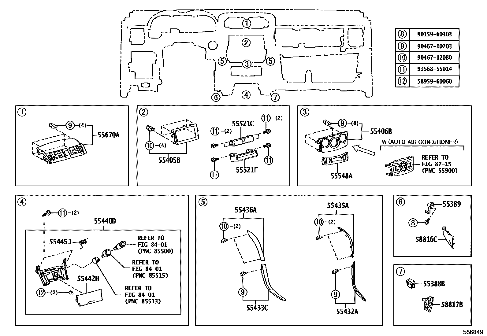 Toyota COROLLA 仪表板和手套箱 EPC diagram — 556849
