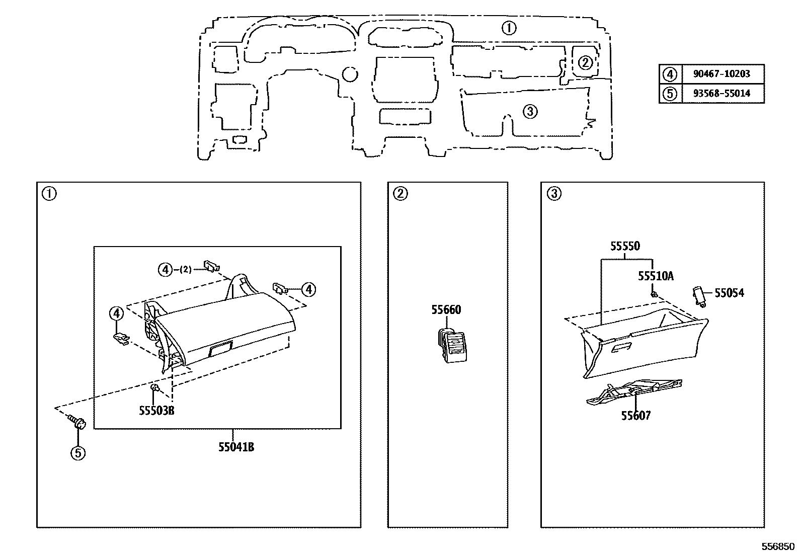 Toyota COROLLA 仪表板和手套箱 EPC diagram — 556850