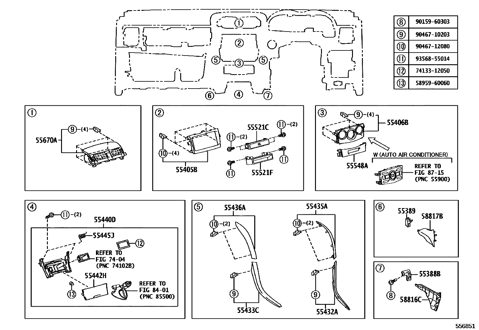 Toyota COROLLA 仪表板和手套箱 EPC diagram — 556851
