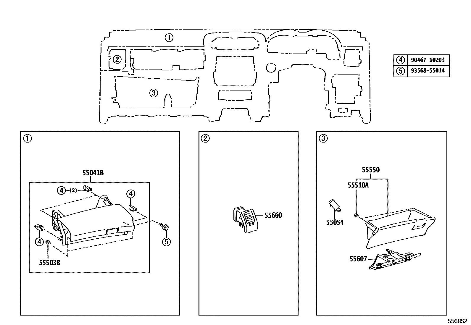 Toyota COROLLA 仪表板和手套箱 EPC diagram — 556852