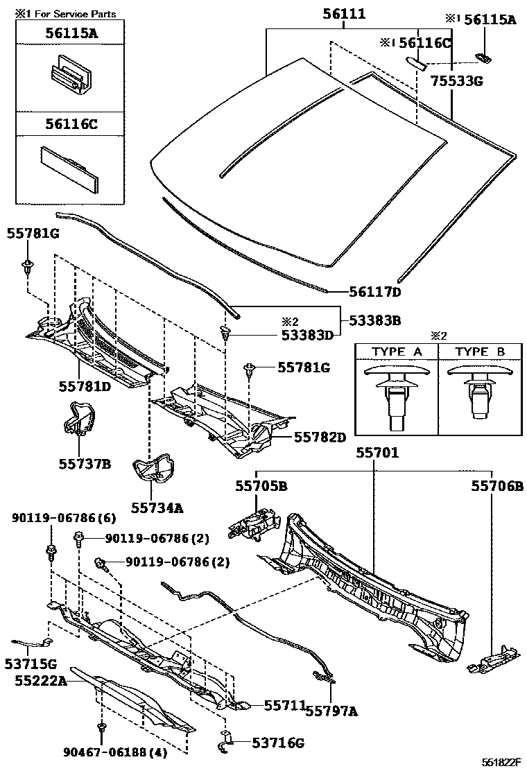 Toyota COROLLA 前围板和挡风玻璃 EPC diagram — 551822F