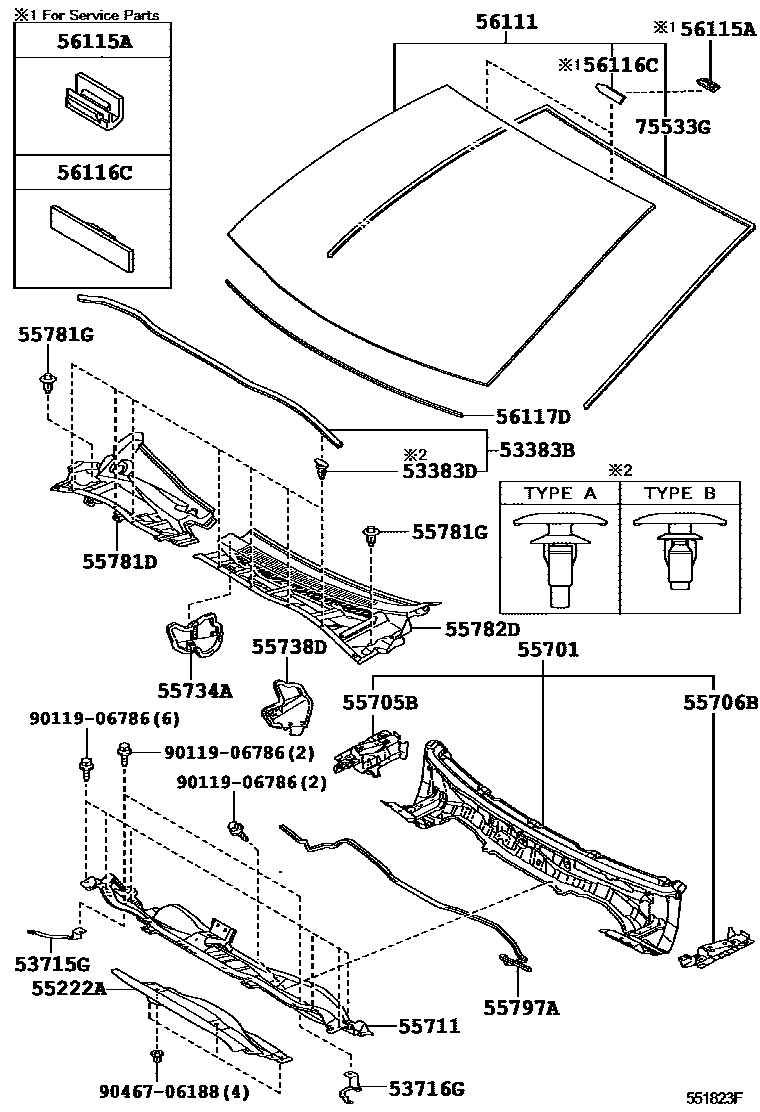 Toyota COROLLA 前围板和挡风玻璃 EPC diagram — 551823F