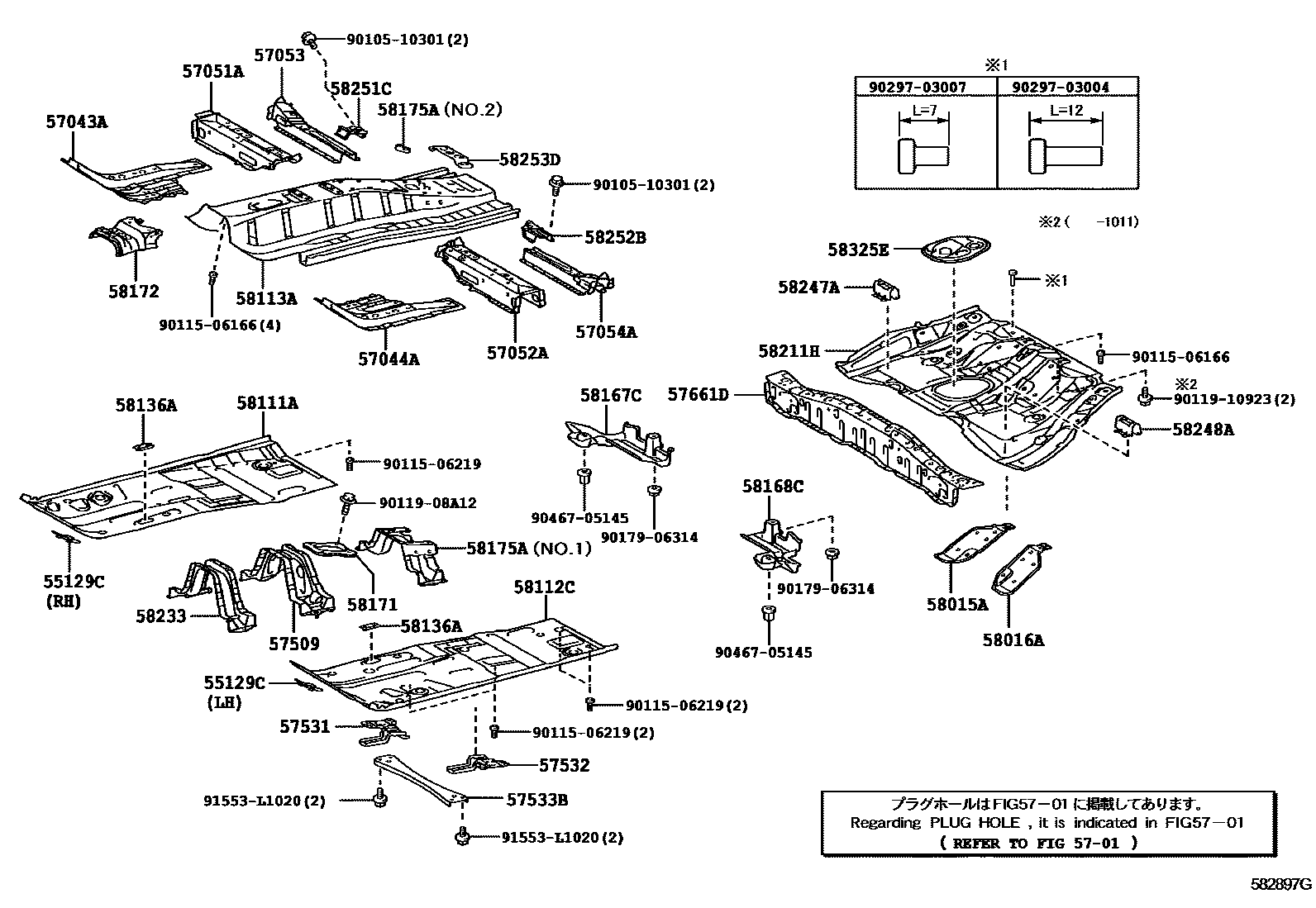 Toyota COROLLA 浅盘形地板和车身下背板 EPC diagram — 582897G