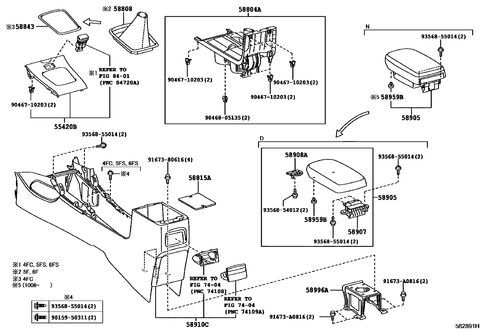 Toyota COROLLA 中央扶手箱和支架 EPC diagram — 582891H