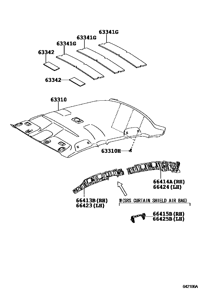Toyota COROLLA 车顶内衬和消声垫 EPC diagram — 642106A