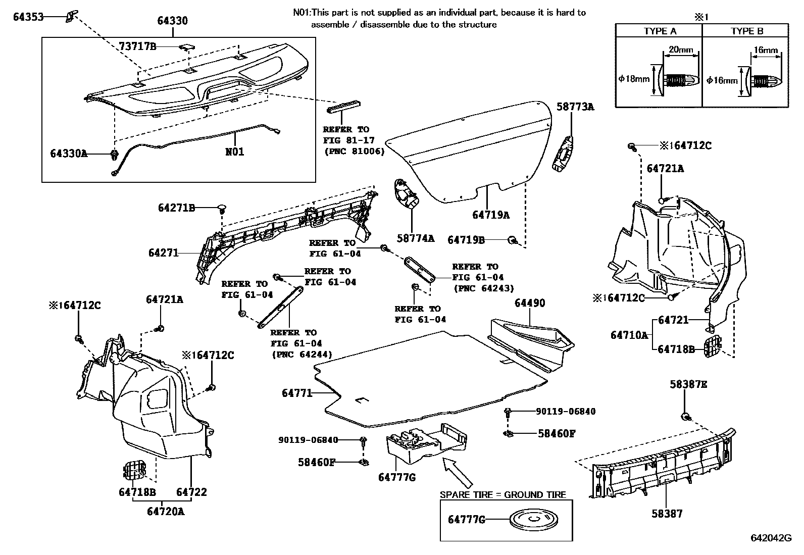 Toyota COROLLA 杂物箱板和行李箱垫 EPC diagram — 642042G