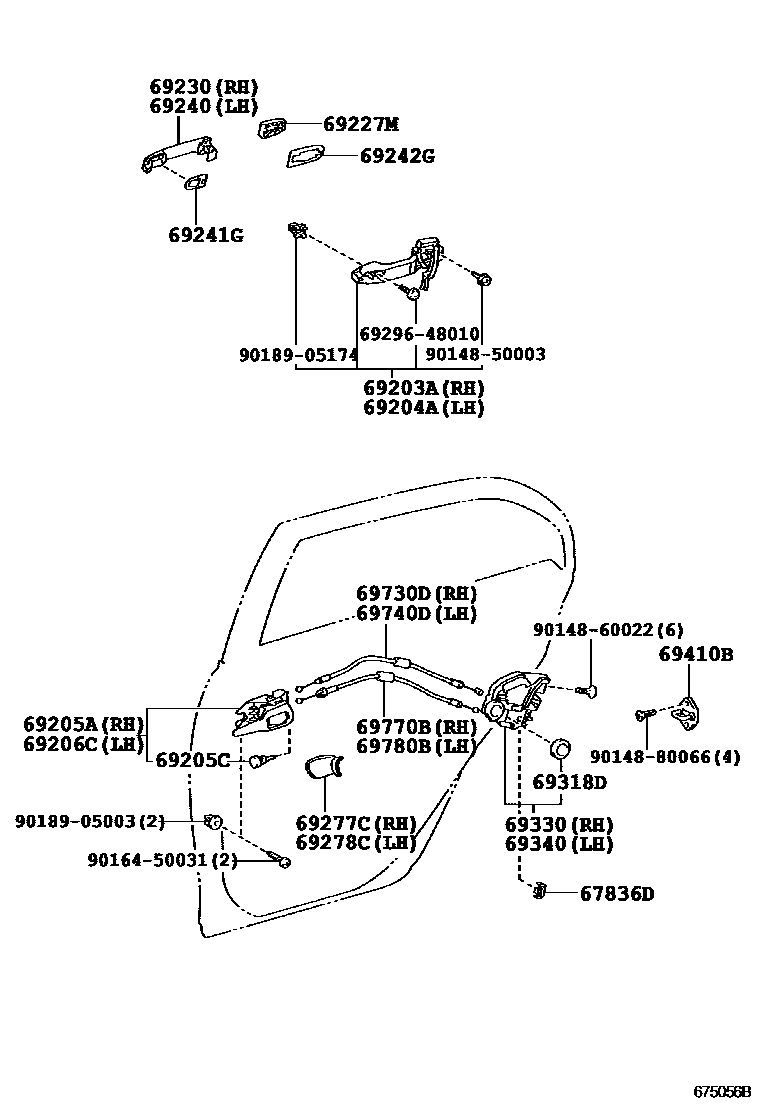 Toyota COROLLA 后门锁和后门把手 EPC diagram — 675056B