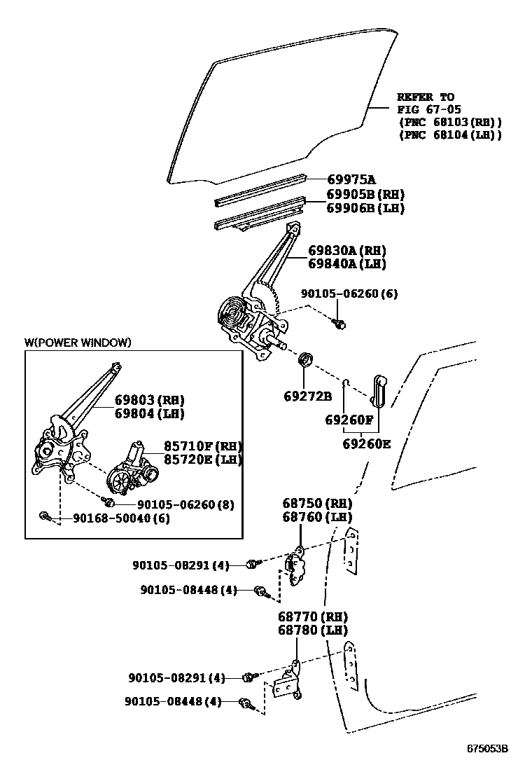 Toyota COROLLA 后门车窗升降器和合页 EPC diagram — 675053B