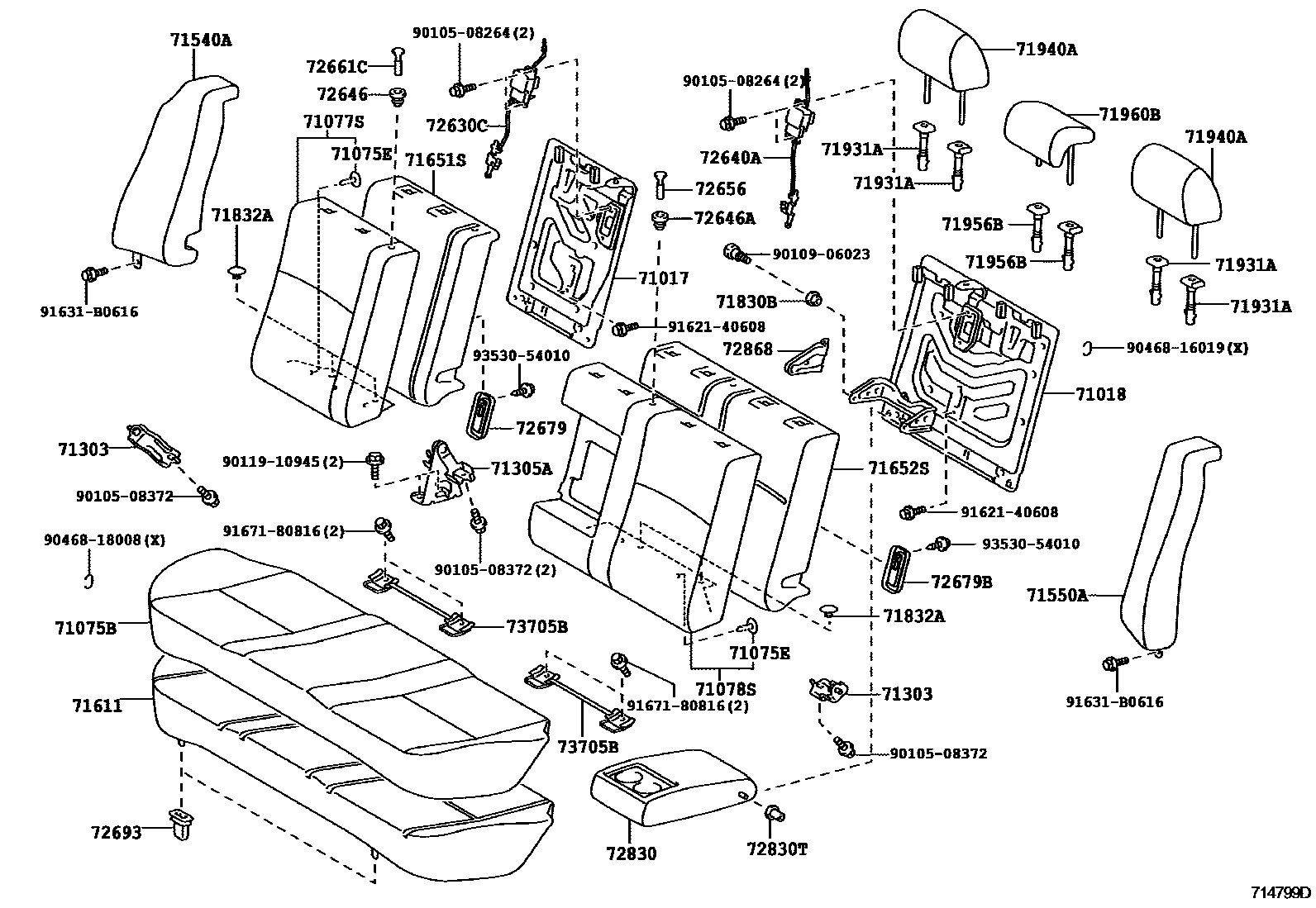 Toyota COROLLA 后排座椅和座椅滑轨 EPC diagram — 714799D