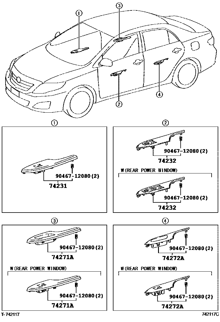 Toyota COROLLA 扶手和遮阳板 EPC diagram — 742117C