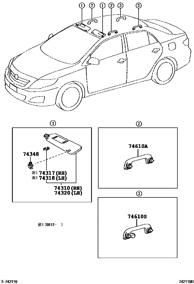 Toyota COROLLA 扶手和遮阳板 EPC diagram — 742119B