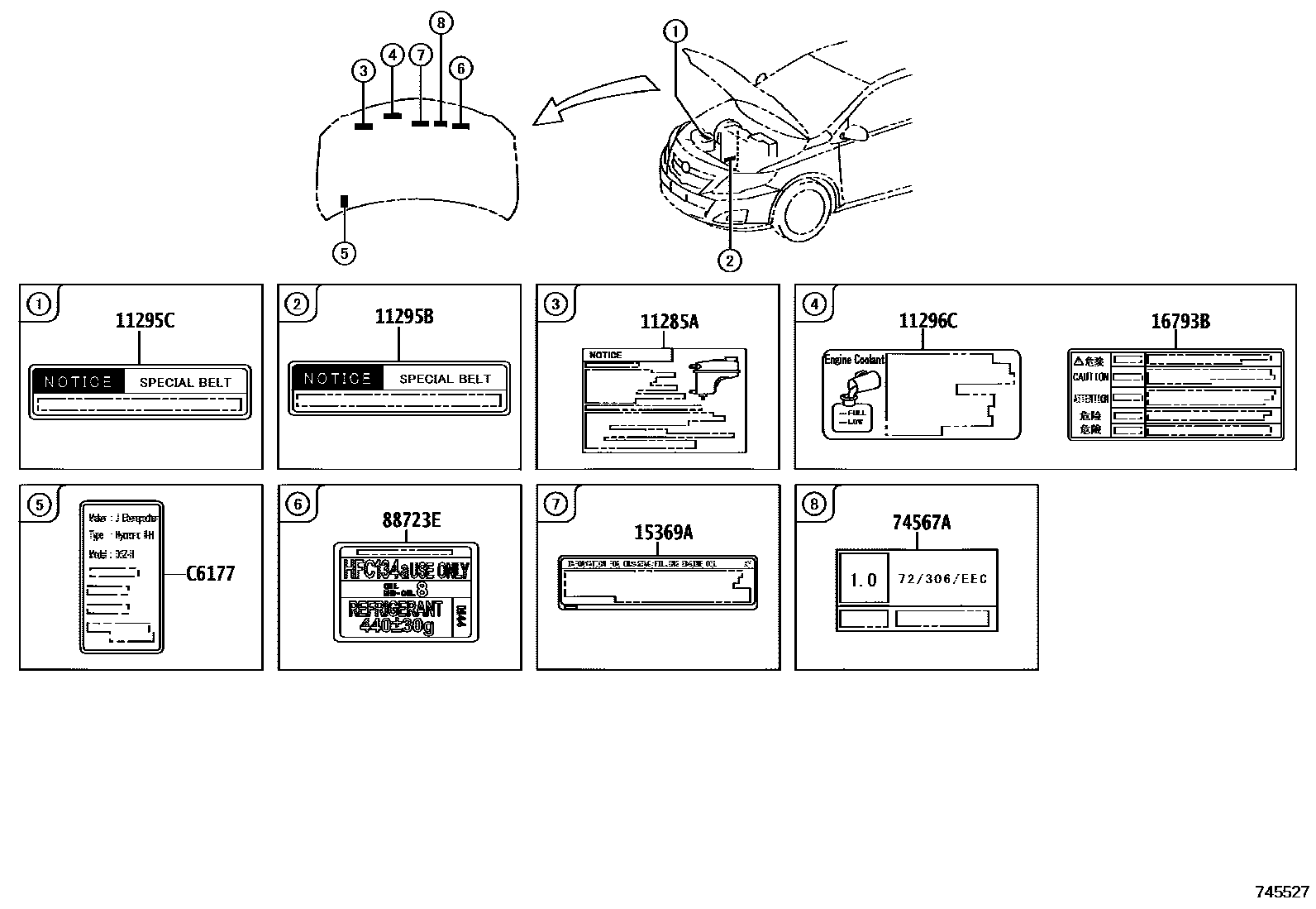 Toyota COROLLA 警示铭牌(车外和车内) EPC diagram — 745527