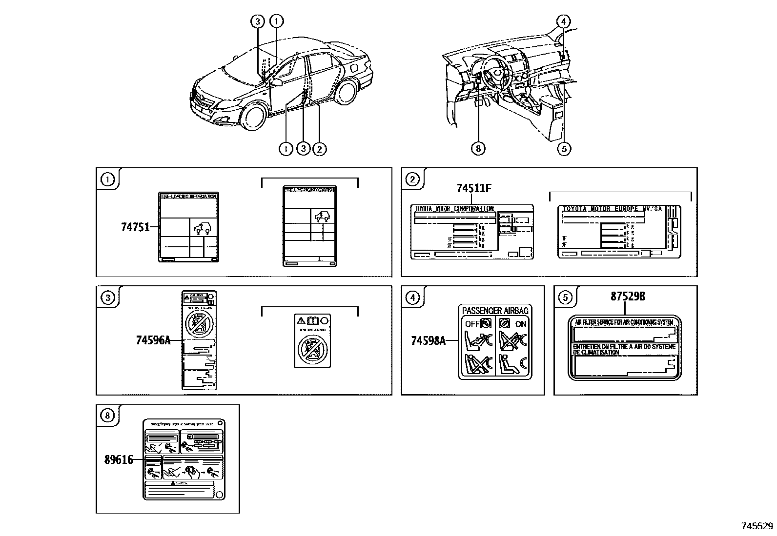 Toyota COROLLA 警示铭牌(车外和车内) EPC diagram — 745529