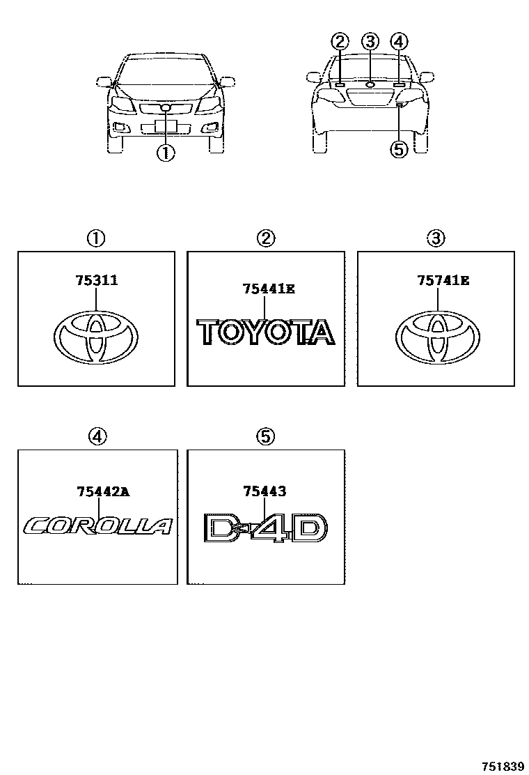Toyota COROLLA 丰田徽标和铭牌(车外和车内) EPC diagram — 751839