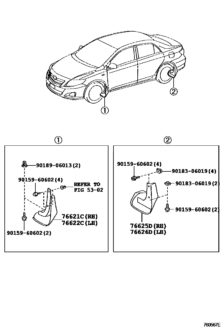 Toyota COROLLA 挡泥板和扰流板 EPC diagram — 760567E