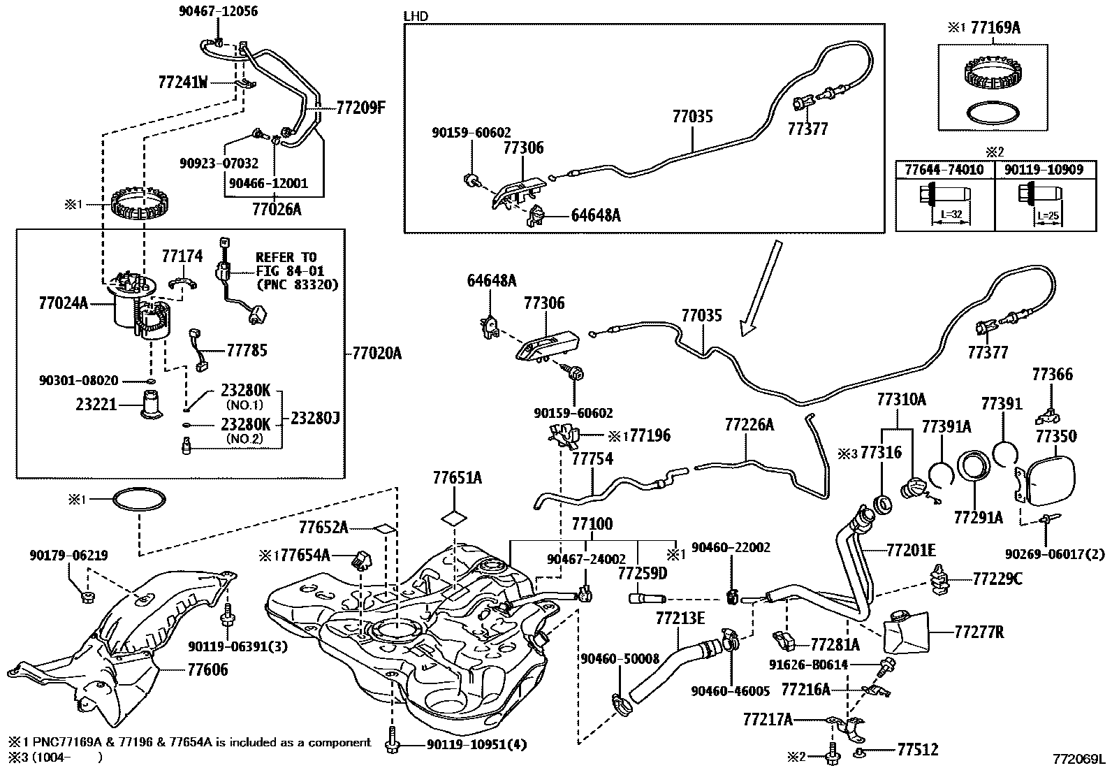 Toyota COROLLA 燃油箱和燃油管 EPC diagram — 772069L