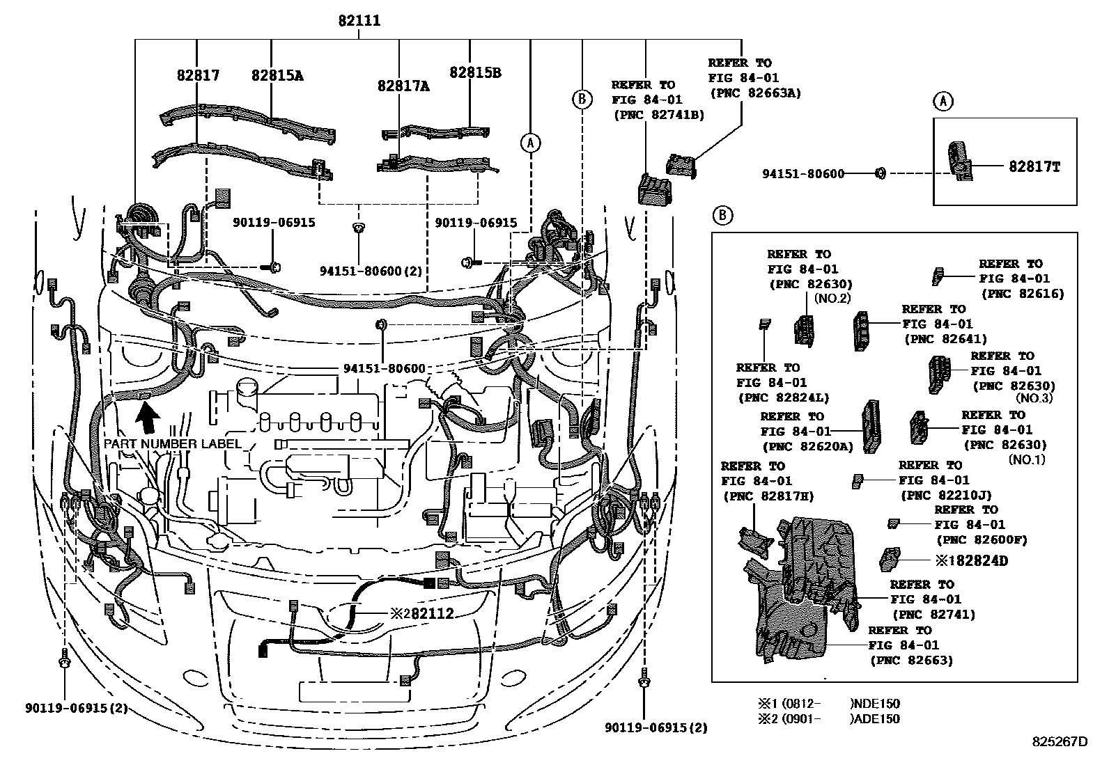 Toyota COROLLA 线束和卡夹 EPC diagram — 825267D