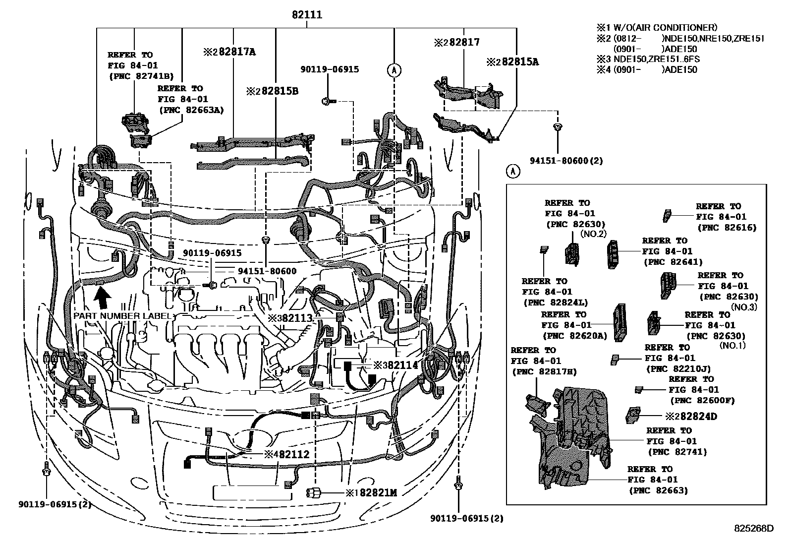 Toyota COROLLA 线束和卡夹 EPC diagram — 825268D
