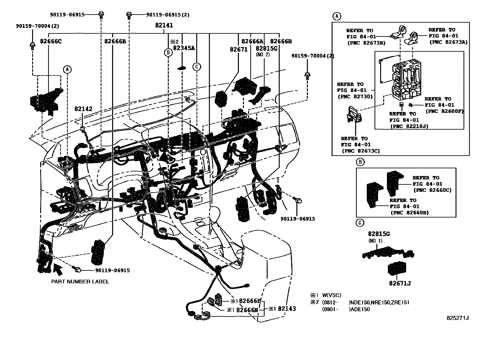 Toyota COROLLA 线束和卡夹 EPC diagram — 825271J