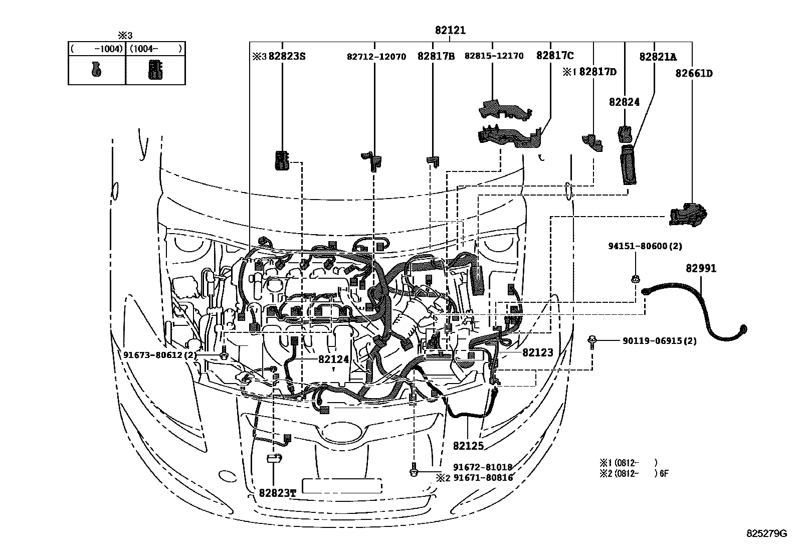 Toyota COROLLA 线束和卡夹 EPC diagram — 825279G