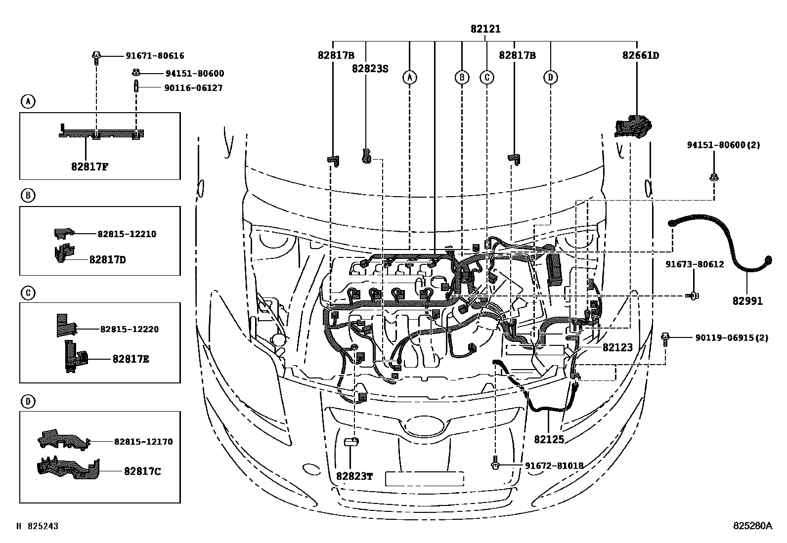 Toyota COROLLA 线束和卡夹 EPC diagram — 825280A