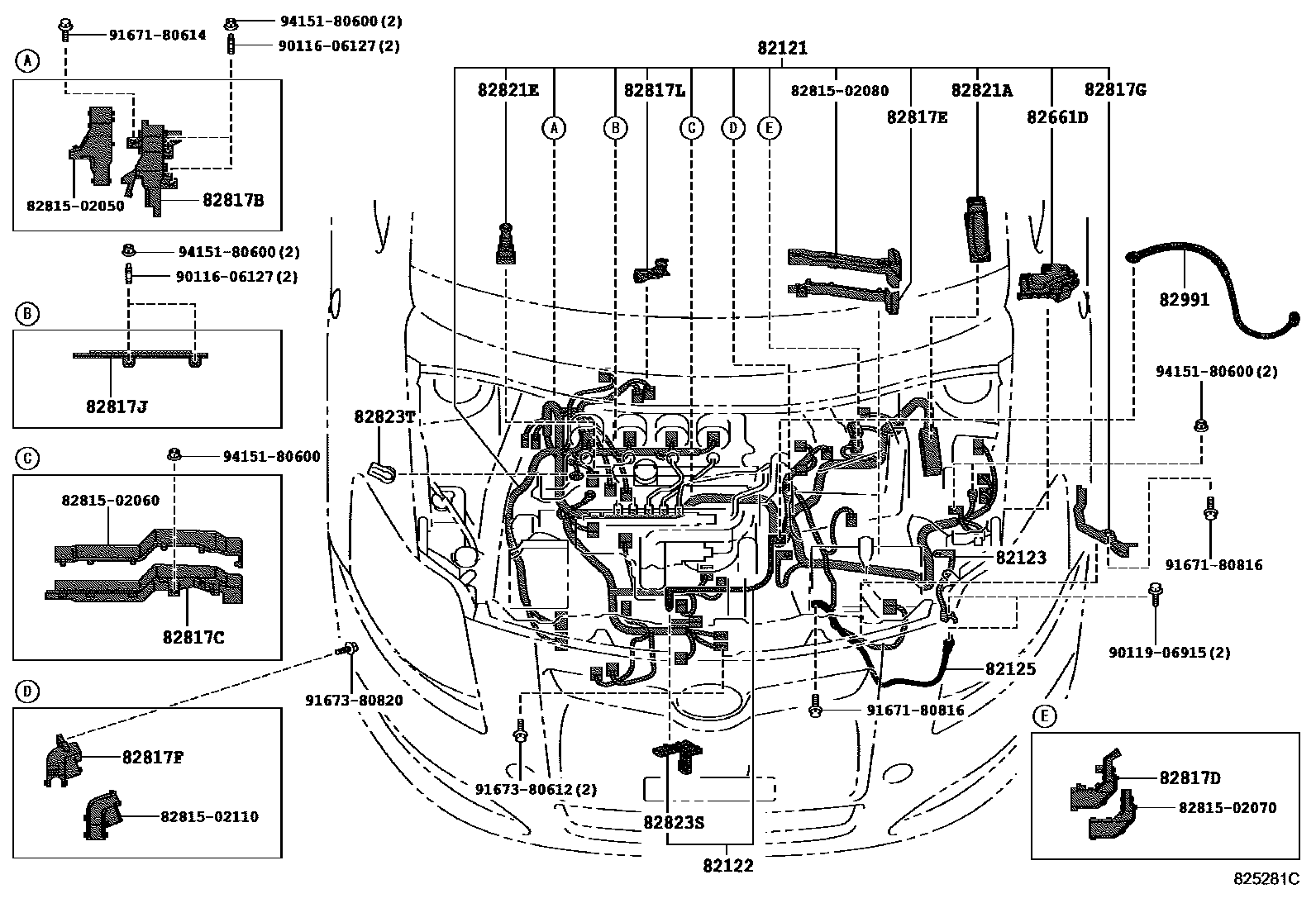 Toyota COROLLA 线束和卡夹 EPC diagram — 825281C