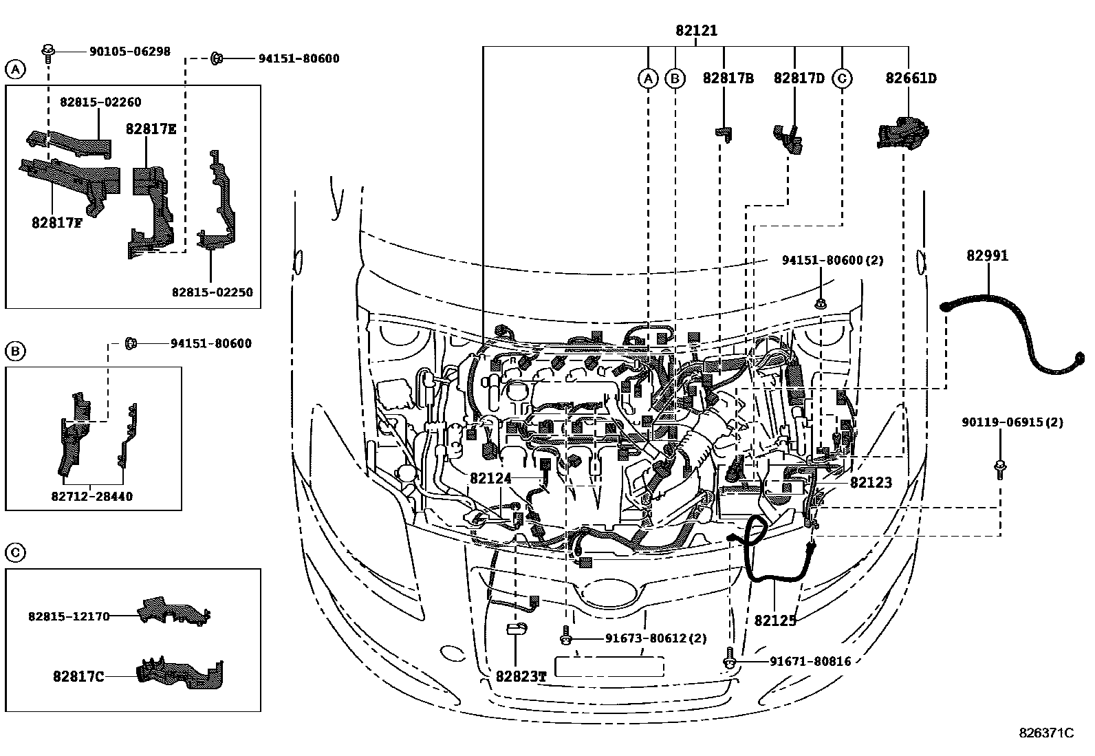 Toyota COROLLA 线束和卡夹 EPC diagram — 826371C