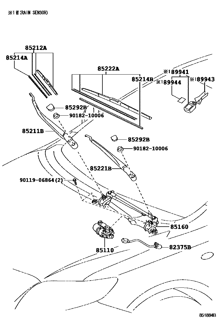Toyota COROLLA 挡风玻璃刮水器 EPC diagram — 851884B