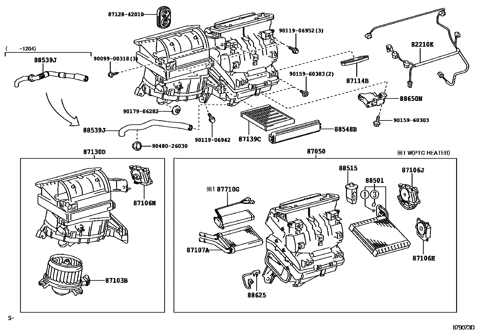 Toyota COROLLA 暖风和空调系统 - 冷却器组件 EPC diagram — 879073D