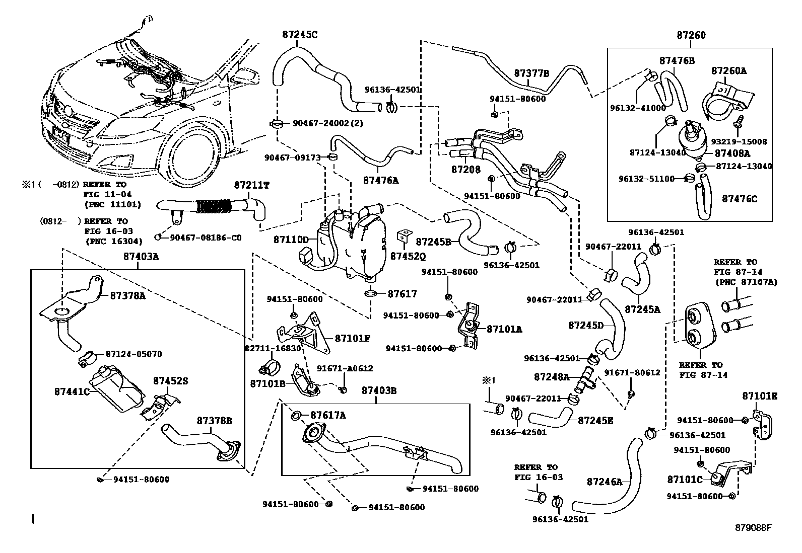 Toyota COROLLA 暖风和空调系统 - 水管 EPC diagram — 879088F