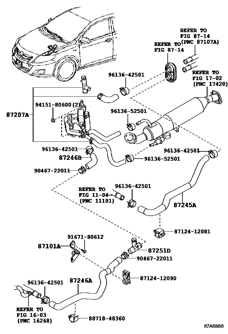 Toyota COROLLA 暖风和空调系统 - 水管 EPC diagram — 87A688B