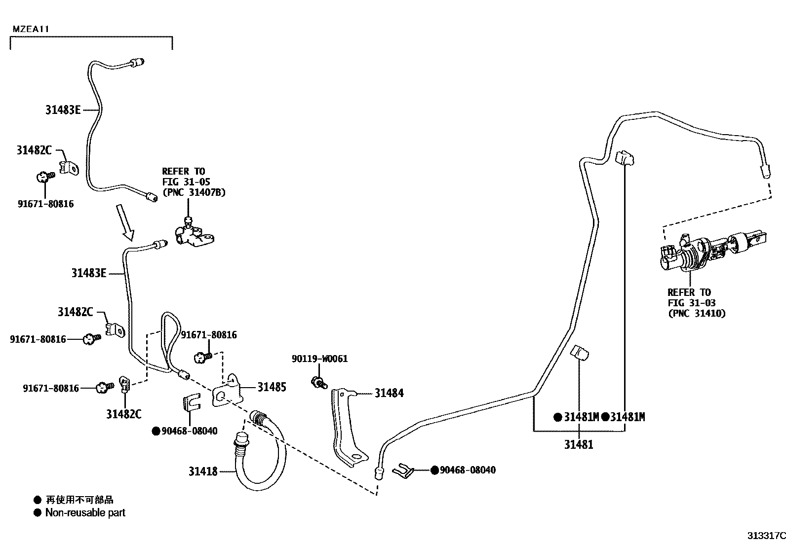 Toyota COROLLA 离合器踏板和挠性软管 EPC diagram — 313317C