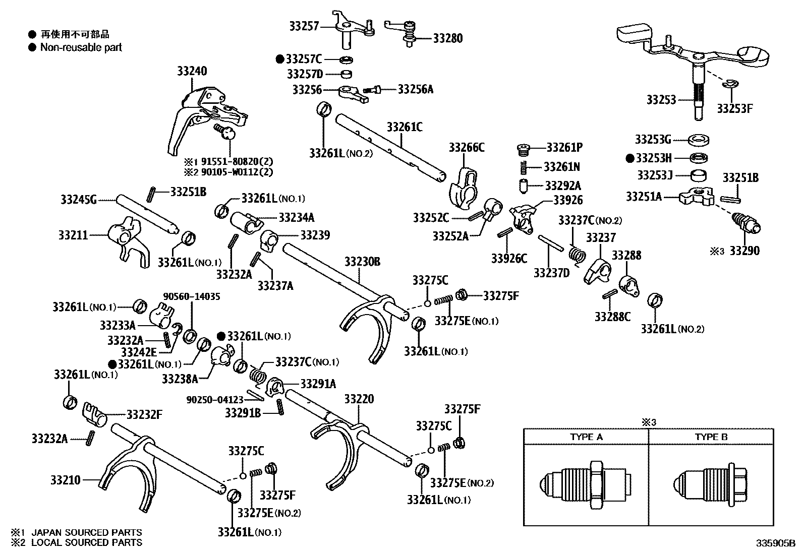 Toyota COROLLA 换档拨叉和换档杆轴(MTM) EPC diagram — 335905B