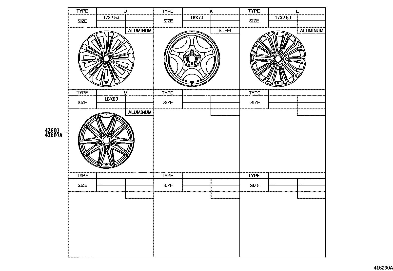 Toyota COROLLA 车轮和车轮盖 EPC diagram — 416230A