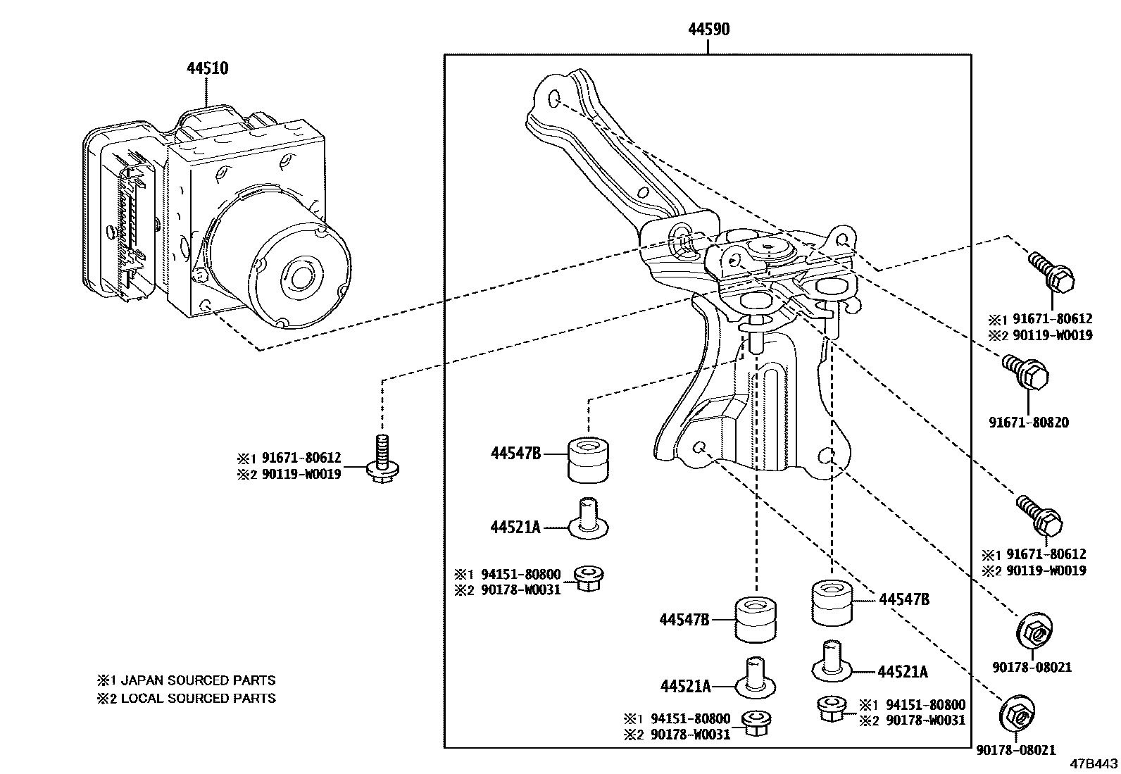 Toyota COROLLA 制动配管和卡箍 EPC diagram — 47B443