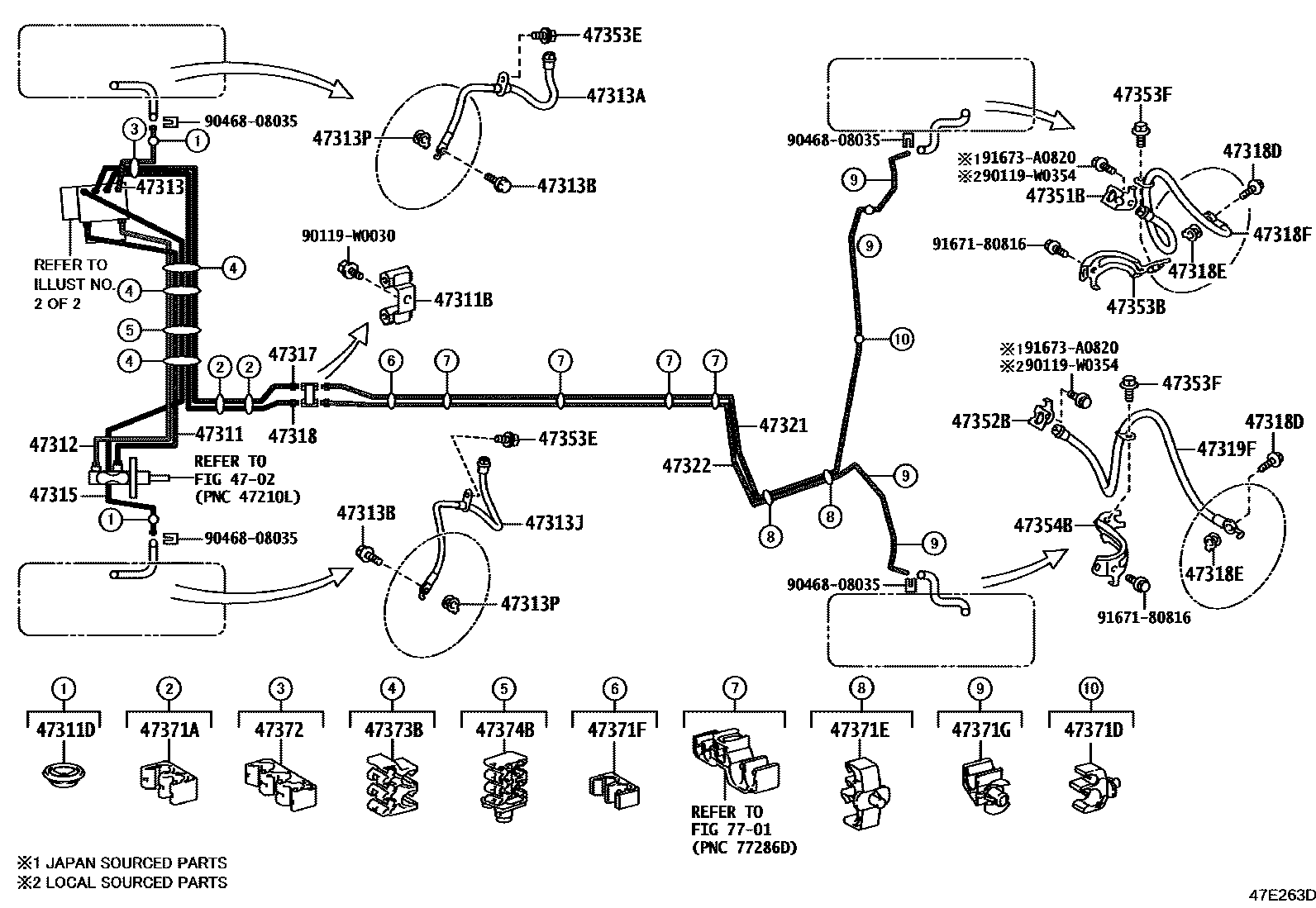 Toyota COROLLA 制动配管和卡箍 EPC diagram — 47E263D