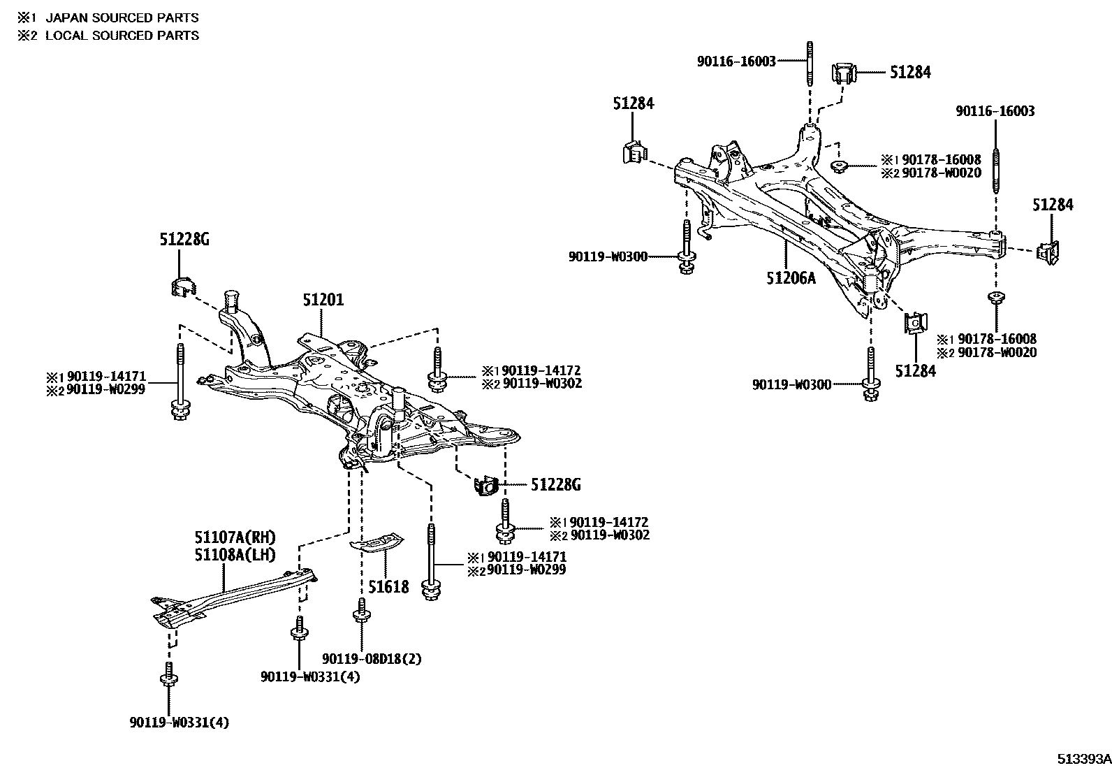 Toyota COROLLA 悬架横梁和发动机底罩 EPC diagram — 513393A