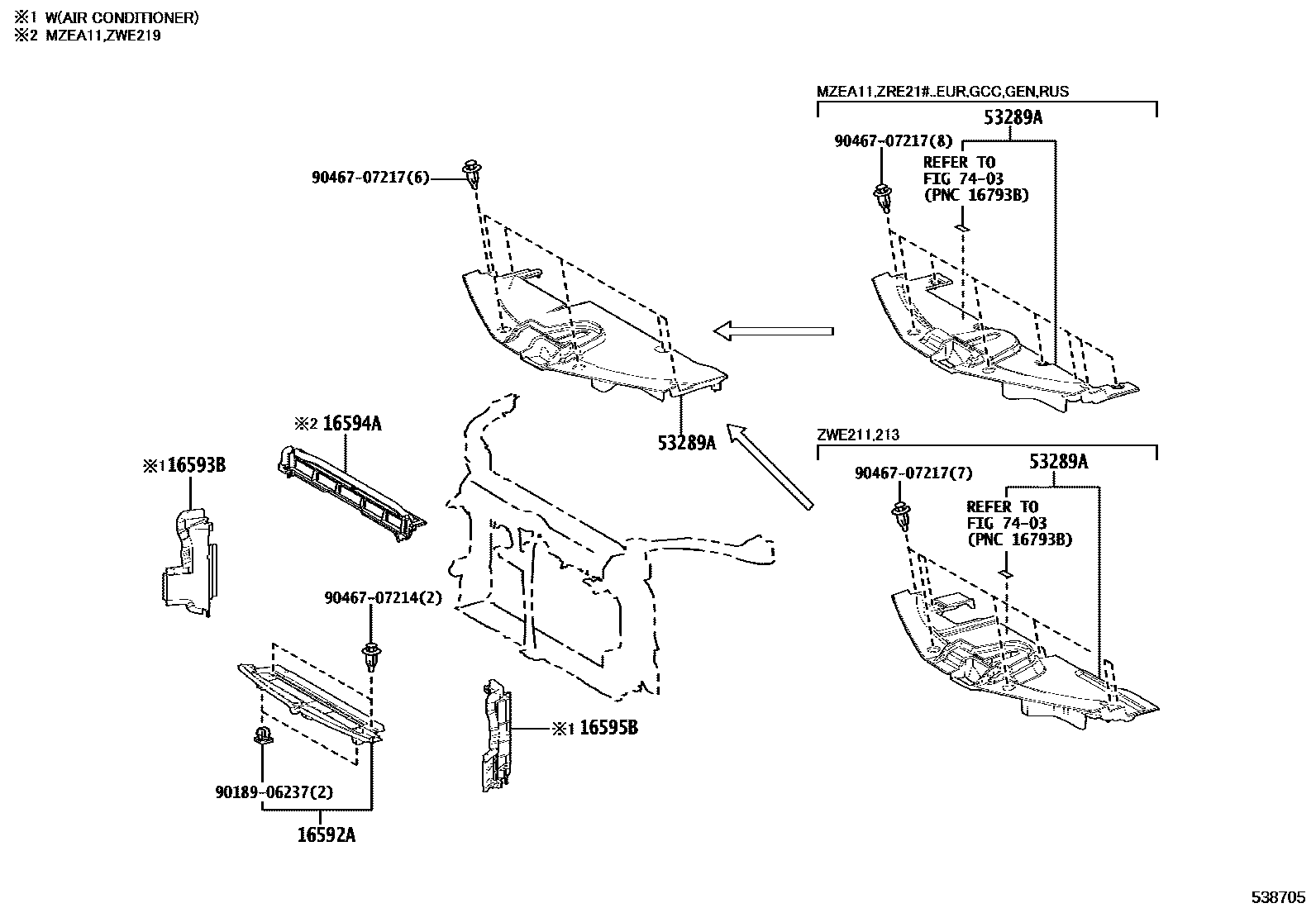 Toyota COROLLA 前翼子板挡泥板和前围板 EPC diagram — 538705